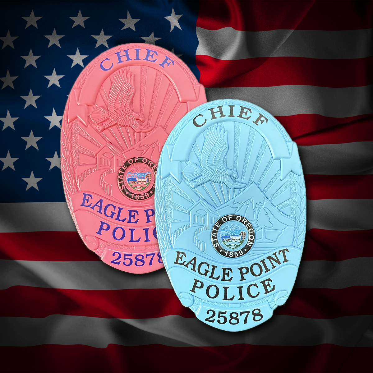 Two police flex badges with 'Eagle Point Police' text on an American flag background. Blue and Pink Flex Shield Badges