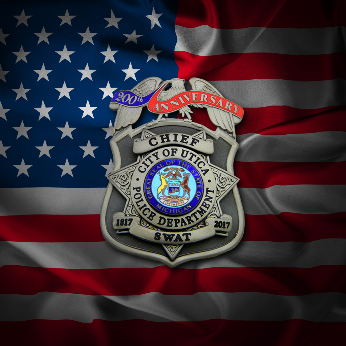 Chief of Utica Police Department badge on an American flag background