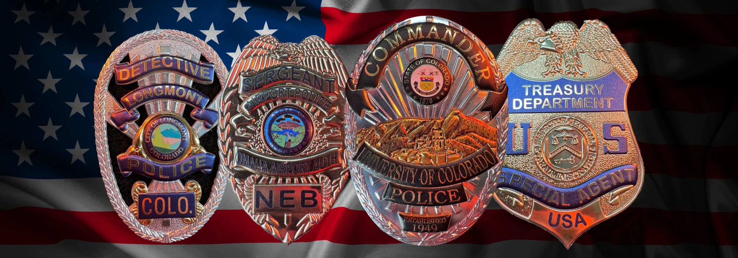 Flex badge, Flex Shield, Custom Police Badges on a flag background with PoliceOfc.com logo 