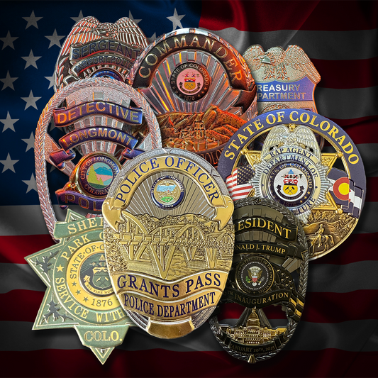 Collection of various flex badges on an American flag background