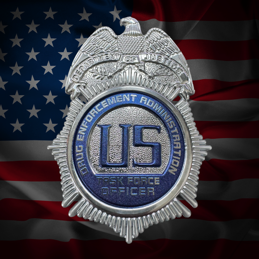 Drug Enforcement Administration flex badge on an American flag background